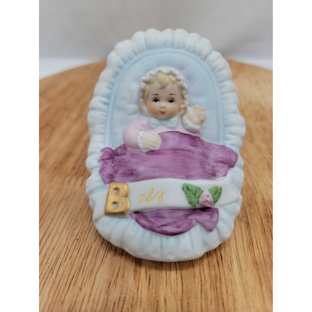 1983 Enesco Growing Up Birthday Girls Porcelain Blonde Baby in Basket Figurine